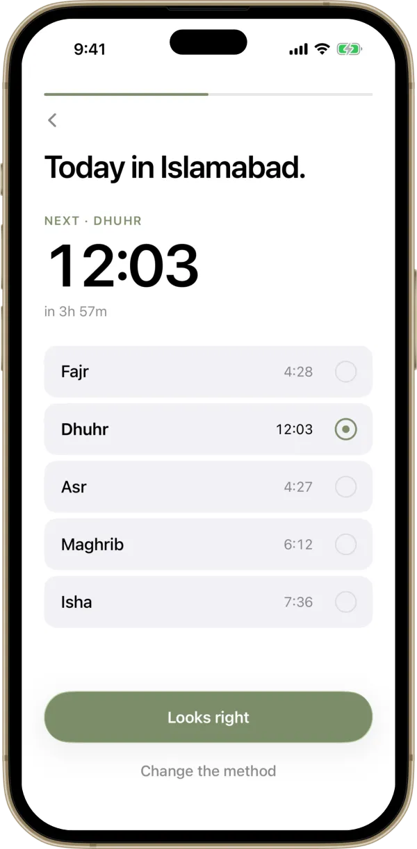 Today's five prayer times for Islamabad, with the next one marked.