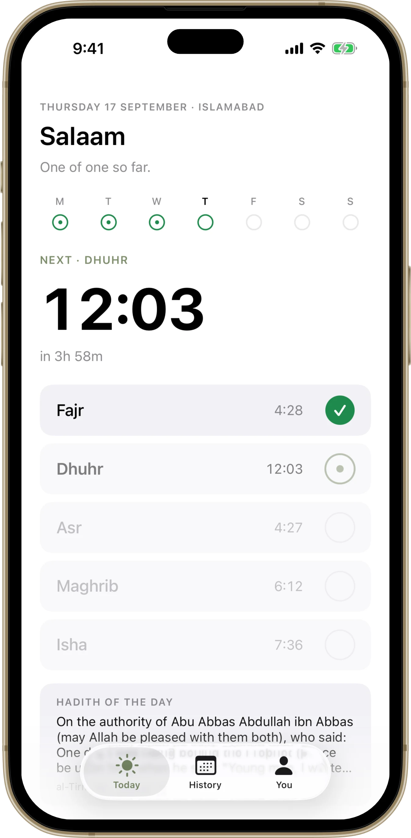 The Today screen: five prayer rows, the next time, and the week strip.