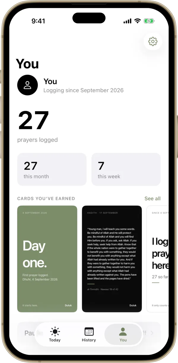 The You screen: the lifetime count, month and week tiles, and the cards earned so far.